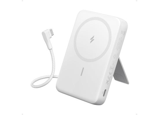 Anker Zolo Magnetic Power Bank, 10,000mAh Wireless Portable Charger with 30W Max Fast Charging, Battery Pack with Built-in USB-C Cable and Adjustable Stand, for iPhone 16/15 Series, AirPods - White